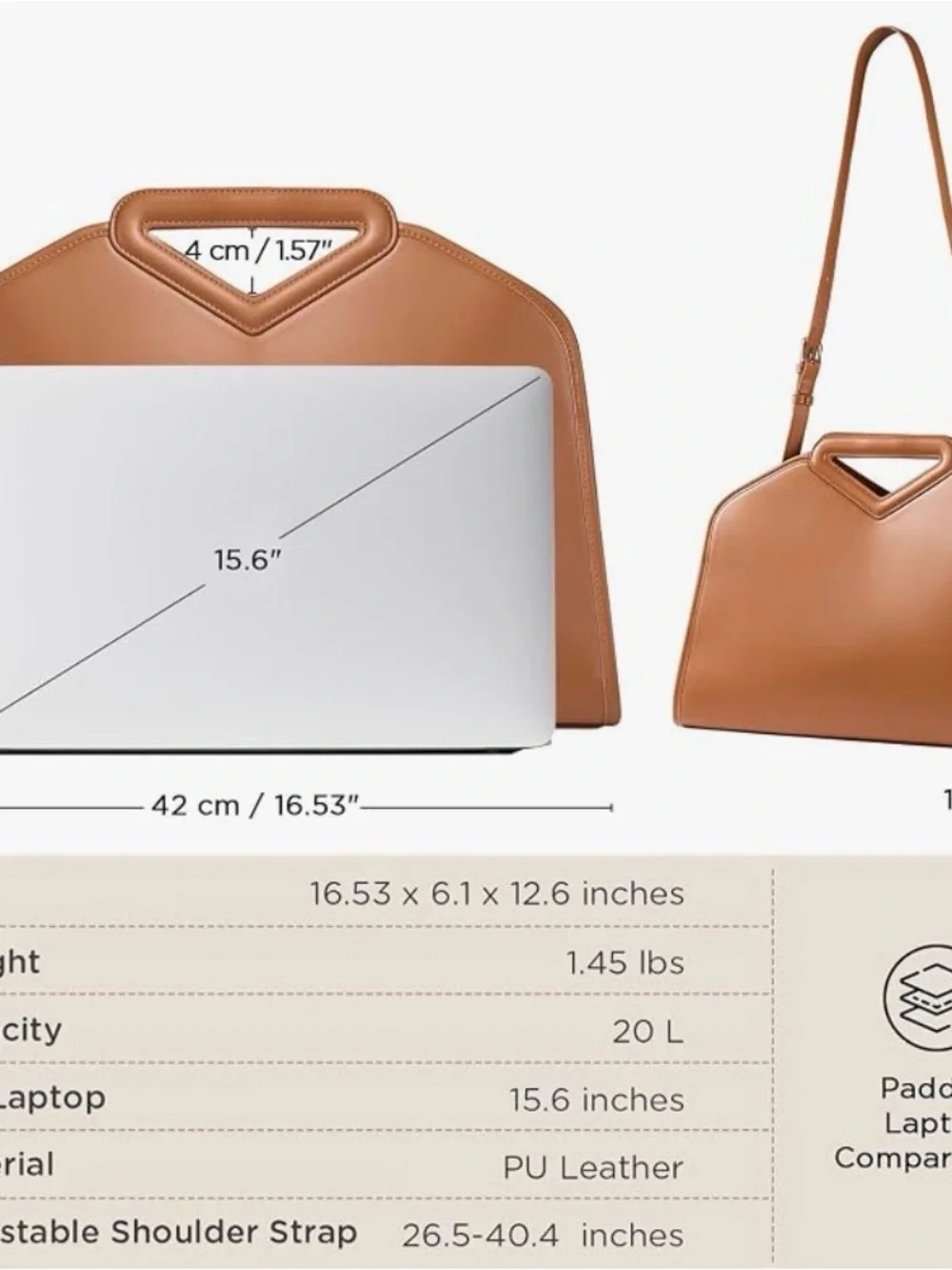 Cognac PU Leather laptop Shoulder Bag with Top Handle